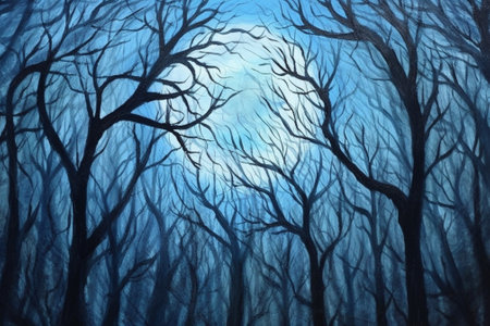 Foggy forest with trees and blue sky. Halloween background.の素材
