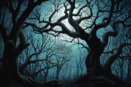 Fantasy spooky dark forest with old tree. Halloween background.の素材