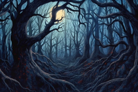 Fantasy spooky forest in the moonlight. Halloween background.の素材