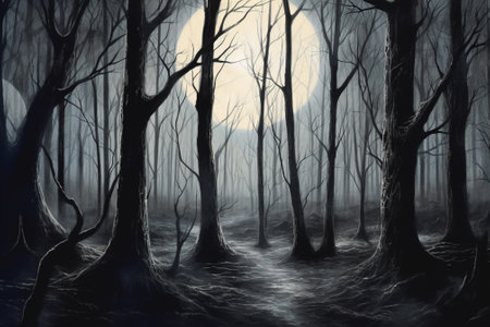 Mystical dark forest with fog and full moon. Halloween backgroundの素材