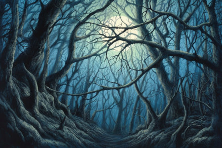 Fantasy spooky dark forest with fog and full moon. Halloween backgroundの素材