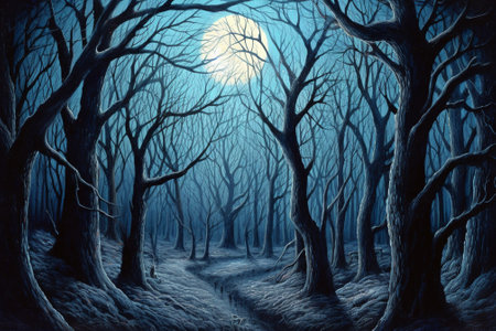 Fantasy landscape with dark forest and full moon. Halloween illustration.の素材
