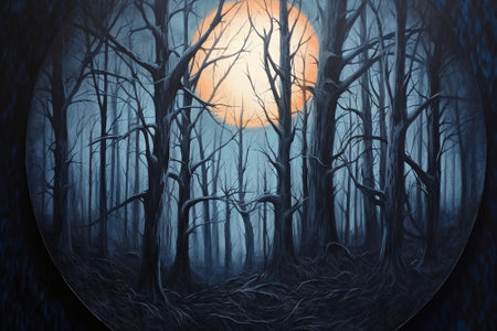 Scary spooky dark forest with fog and moon, Halloween backgroundの素材