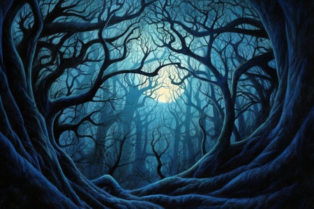 Fantasy dark forest with spooky trees and fog. Halloween backgroundの素材