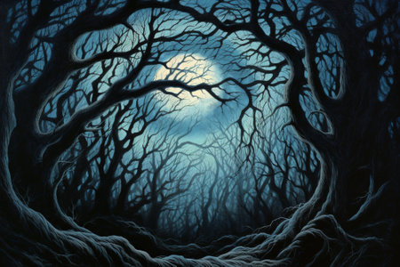 Halloween dark forest background with spooky trees and full moon.の素材