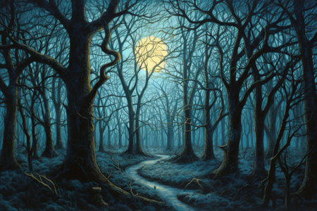 Fantasy landscape with a path through the forest in the moonlightの素材