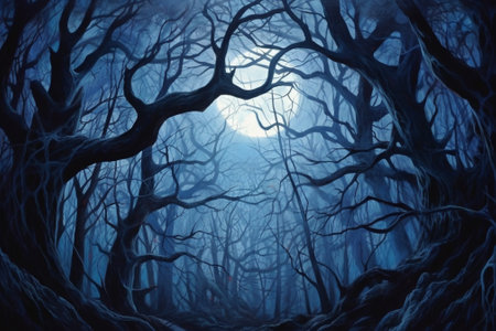 Halloween background. Spooky dark forest with fog and full moonの素材