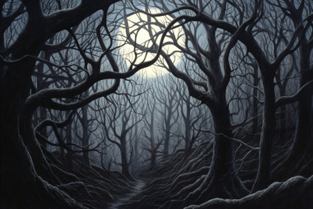 Fantasy landscape with dark forest and fog. 3D illustration.の素材