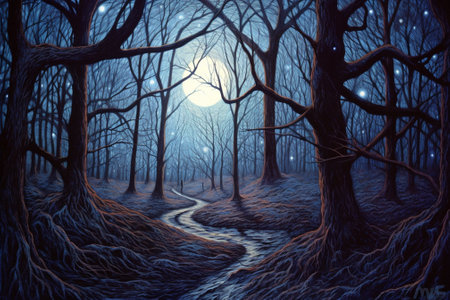 Fantasy landscape with a path through the forest in the moonlightの素材