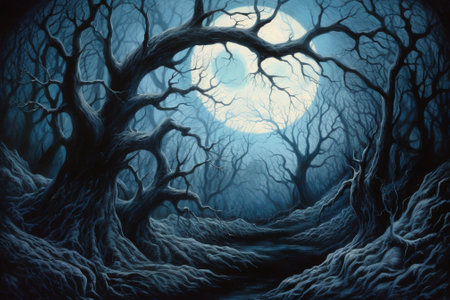 Fantasy spooky dark forest with full moon. 3D Renderingの素材
