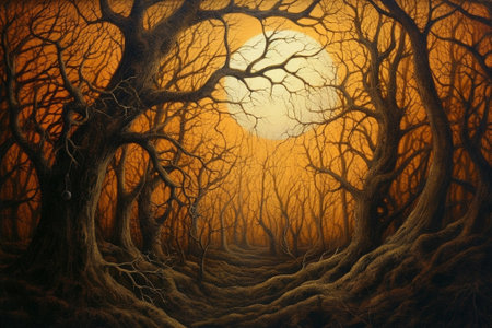 Halloween background with scary spooky trees and full moon at nightの素材