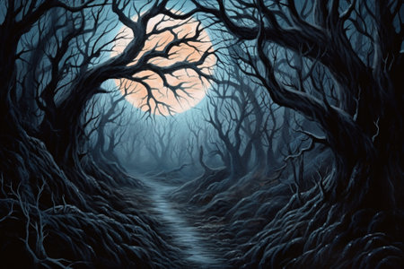 Halloween background with spooky dark forest and full moon. 3d renderingの素材