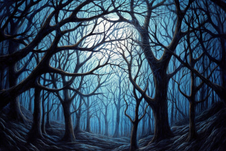 Mysterious dark forest. Halloween concept. 3D Renderingの素材