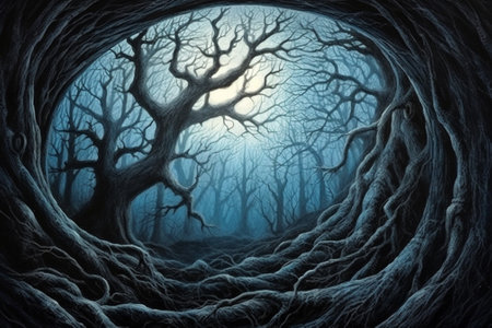 Fantasy dark forest with tree roots and moonlight. 3D renderingの素材