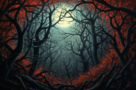 Halloween background with scary dark forest and full moon, 3d renderの素材