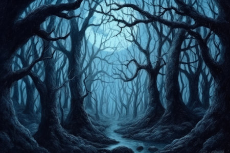 Halloween background. Spooky dark forest. 3D illustration.の素材