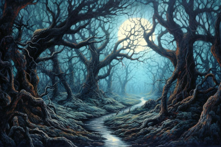 Fantasy landscape with dark forest and road. 3D illustration.の素材