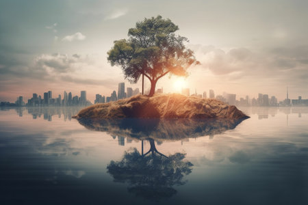 Tree on island floating in the sea with sunset and cityscape backgroundの素材