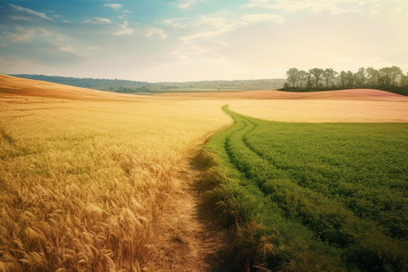 Beautiful summer landscape with wheat field and blue sky - retro styleの素材