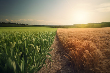 Wheat field at sunset. Beautiful rural landscape. Vintage style.の素材