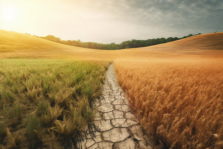 Landscape of wheat field with dry ground and blue sky background.の素材