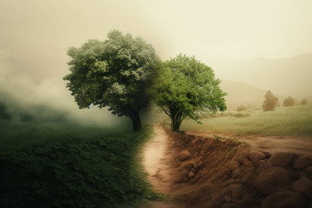 Landscape with lonely tree in foggy day. Nature background.の素材