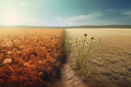 Sunset over a wheat field with a path leading to the horizonの素材