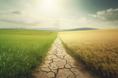 Dry cracked earth in a rice field with blue sky background.の素材