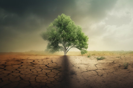 Green tree in dry land with cracked ground background. 3d renderの素材