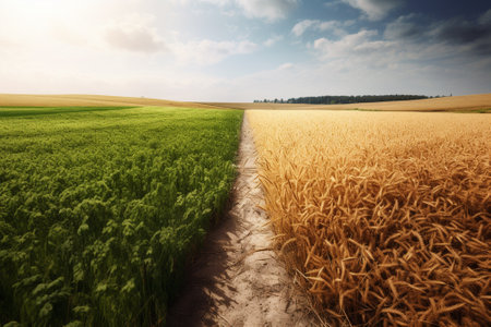 Field of wheat and blue sky with clouds. Beautiful summer landscape.の素材
