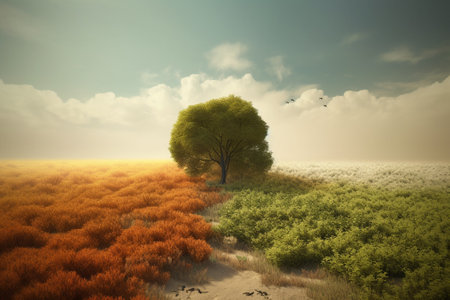 Fantasy landscape with lonely tree on meadow. 3d renderの素材