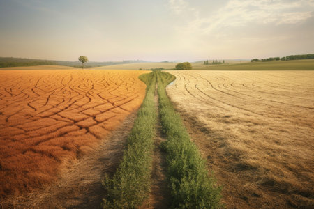 Rural landscape with a dirt road in the middle of a fieldの素材