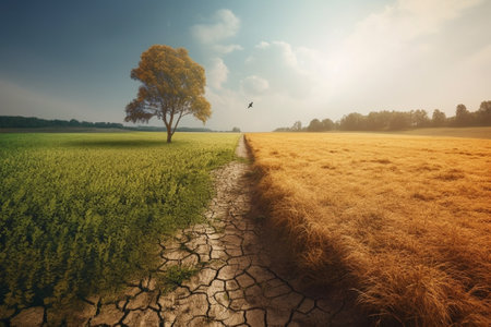 Autumn landscape with lonely tree and dry ground. Nature background.の素材