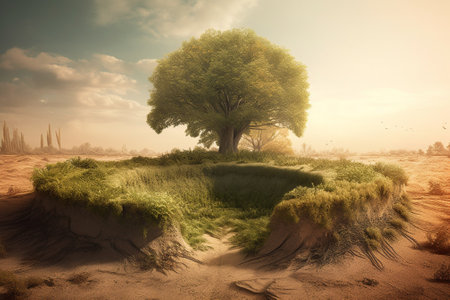 Fantasy landscape with tree in the sand. 3d illustration.の素材
