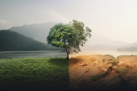 Collage of nature landscape with tree and mountain in the morning.の素材
