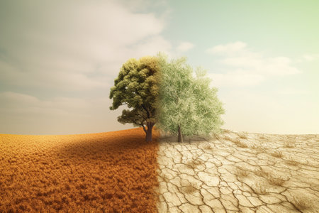 3d render of a lonely tree in the middle of a dry fieldの素材