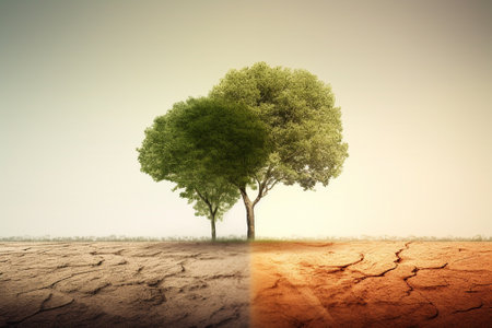 Tree on dry land. Climate change concept. 3D Renderingの素材