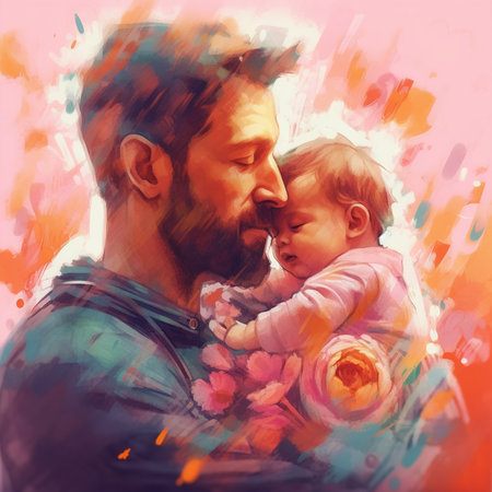 Digital painting of a father with his daughter on a background of flowersの素材