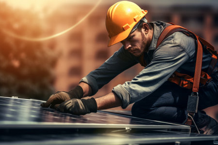 Worker installing solar photovoltaic panels on roof of buildingの素材