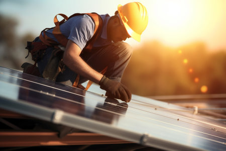 Male worker installing solar photovoltaic panels on roof of houseの素材