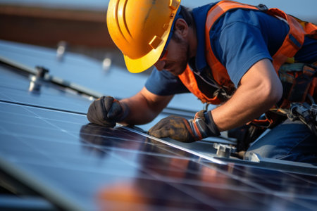 Technician installing solar panels on a photovoltaic power plantの素材