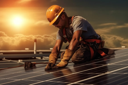 Technician working on a photovoltaic solar panel at sunsetの素材