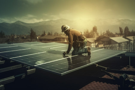 solar energy worker installing photovoltaic panels on the roofの素材