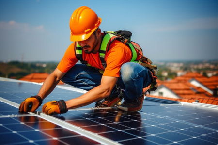 Male worker installing solar photovoltaic panels on the roof.の素材