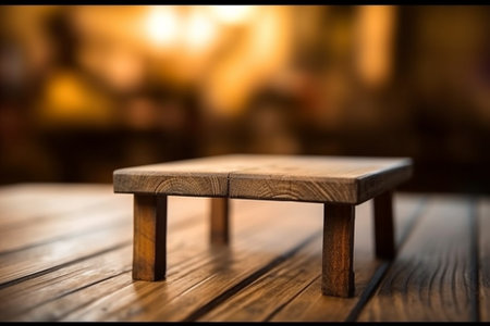 Wooden stool on a wooden table in front of a fireplace.の素材