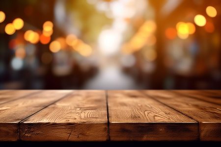 Empty wooden table for product display montages with bokeh backgroundの素材