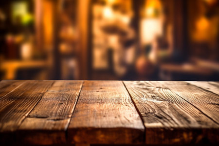 Empty wooden table and Coffee shop blur background with bokeh image. For product displayの素材