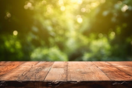 Empty wooden table for product display montages with bokeh background.の素材