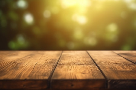 Empty wooden table for product display montages with bokeh backgroundの素材