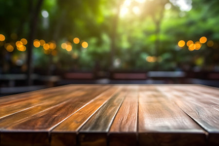 Empty wooden table and Coffee shop blur background with bokeh image.の素材